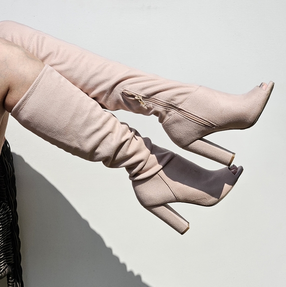 Over the Knee High Light Pink Open Toe Heel Shoes - Picture 7 of 7